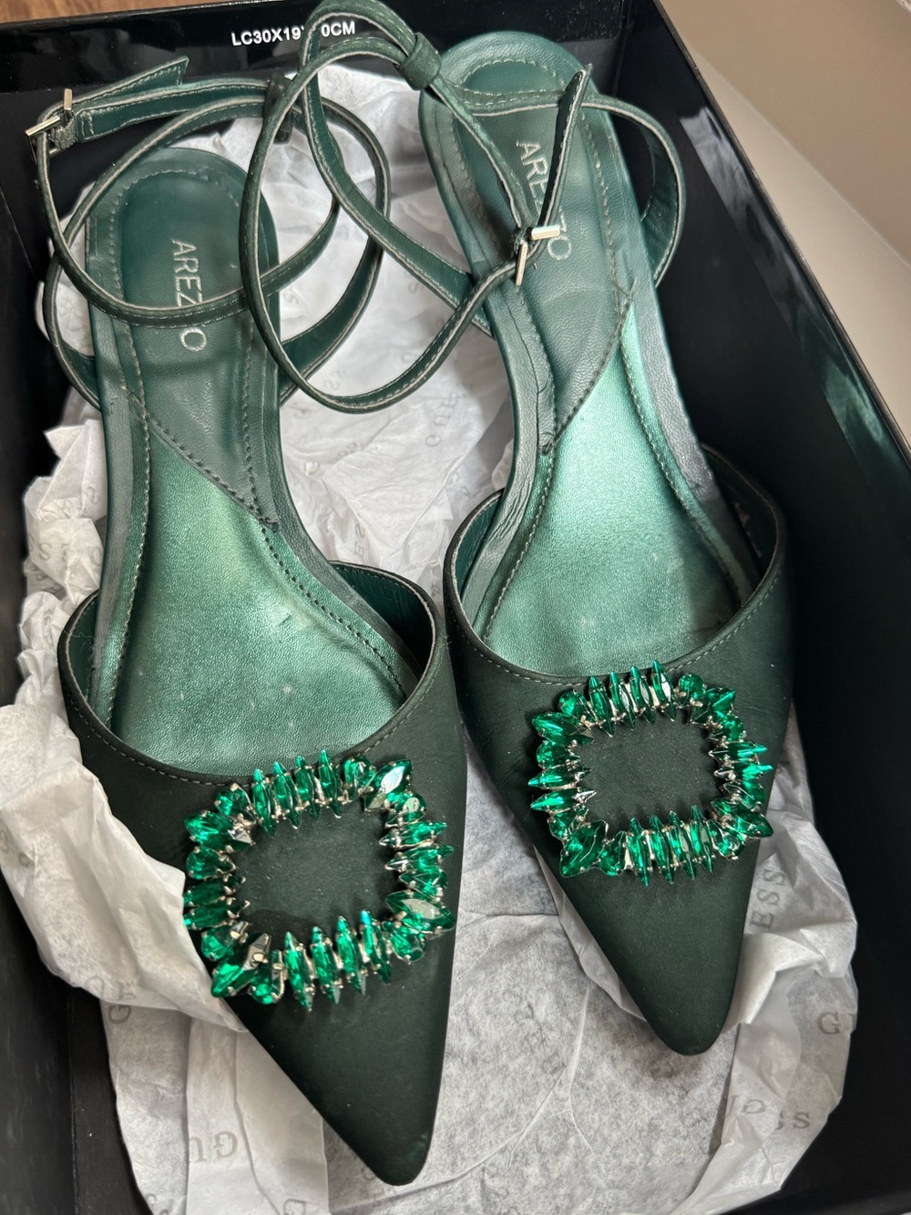 Arezzo Emerald Green Jeweled Pointed-Toe Ankle-Strap Heels